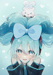 Rule 34 | &gt; &lt;, 1girl, :d, absurdres, aqua eyes, aqua hair, aqua necktie, bare shoulders, black sleeves, blue bow, blush stickers, bow, chromatic aberration, cinnamiku, cinnamoroll, collared shirt, commentary request, crossover, detached sleeves, grey shirt, hair between eyes, hair bow, hair ornament, hands on own cheeks, hands on own face, hatsune miku, heart, highres, looking at viewer, matching outfits, necktie, necojishi, open mouth, sanrio, shirt, smile, tied ears, updo, upper body, vocaloid, wide sleeves
