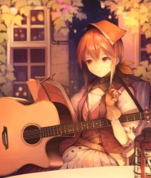 Rule 34 | 1girl, brown hair, commentary request, dress, falcon (girls&#039; frontline), girls&#039; frontline, gloves, guitar, hair between eyes, harufude, head scarf, highres, holding, holding notebook, holding pencil, holding plectrum, instrument, long hair, notebook, on chair, pencil, plectrum, sitting, solo