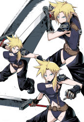 Rule 34 | 1girl, adapted costume, arm up, armor, asymmetrical hair, bandaged arm, bandages, bangle, black footwear, black pants, blonde hair, blue eyes, blue leotard, boots, bracelet, breasts, brown gloves, buster sword, carrying over shoulder, chaps, cleavage, cleavage cutout, closed mouth, clothing cutout, cloud strife, commentary, earrings, fighting stance, final fantasy, final fantasy vii, fingerless gloves, full body, genderswap, genderswap (mtf), gloves, groin, hair over shoulder, heattech leotard, highres, holding, holding sword, holding weapon, jewelry, large breasts, leotard, long hair, looking at viewer, multiple views, navel, navel cutout, open mouth, over shoulder, pants, pauldrons, ribbed leotard, shimure (460), shoulder armor, simple background, single bare shoulder, single pauldron, single sidelock, sleeveless, sleeveless turtleneck, spiked hair, stud earrings, suspenders, sword, teeth, turtleneck, upper body, upper teeth only, v-shaped eyebrows, weapon