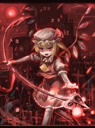 Rule 34 | 1girl, ascot, blonde hair, building, embodiment of scarlet devil, female focus, flandre scarlet, graveyard, hat, hat ribbon, laevatein, letterboxed, open mouth, ranka (tonbo), red eyes, ribbon, shirt, side ponytail, skirt, skirt set, smile, solo, thighhighs, touhou, white thighhighs, wings, zettai ryouiki