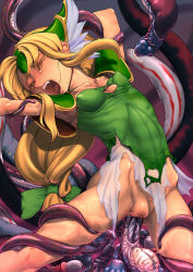 Rule 34 | 1girl, anus, arm grab, arms up, blonde hair, blood, blush, breasts, bridal gauntlets, censored, cleavage, defloration, closed eyes, helmet, highres, leg grab, long hair, low-tied long hair, musen-shiki sanhankikan, open mouth, pussy, rape, restrained, riesz, seiken densetsu, seiken densetsu 3, slime (substance), small breasts, solo, spread legs, square enix, tears, tentacle sex, tentacles, torn clothes, vaginal, very long hair, winged helmet