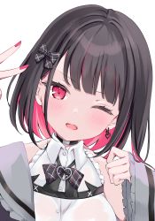 Rule 34 | 1girl, absurdres, black hair, blush, buttons, choker, detached sleeves, earrings, fingernails, frills, hand up, head tilt, highres, indie virtual youtuber, jewelry, looking at viewer, multicolored hair, nail polish, one eye closed, open mouth, pink eyes, pink hair, rikotan, rikotan (vtuber), short hair, simple background, sleeves past wrists, solo, teeth, two-tone hair, upper body, virtual youtuber, white background