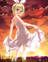 Rule 34 | 1girl, ass, bad id, bad pixiv id, blonde hair, blue eyes, clothes lift, cloud, dress, dress lift, from behind, hairband, kagamine rin, looking at viewer, looking back, no panties, open mouth, see-through, short hair, sky, solo, strap slip, sundress, sunset, takabow, vocaloid