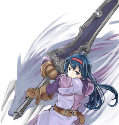 Rule 34 | 1girl, anastasia valeria, armor, armored dress, artist request, blue hair, dress, gloves, hairband, highres, long hair, looking at viewer, luceid (wild arms), red hairband, simple background, sword, twintails, weapon, white background, wild arms, wild arms 2