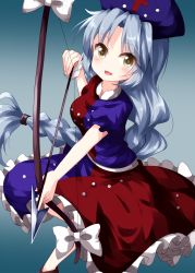 Rule 34 | 1girl, arrow (projectile), blue hat, blue shirt, blue skirt, bow (weapon), braid, constellation, constellation print, cowboy shot, cross, gradient background, grey background, hat, highres, holding, holding bow (weapon), holding weapon, long hair, looking at viewer, nurse cap, open mouth, red cross, red shirt, red skirt, ruu (tksymkw), shirt, short sleeves, silver hair, single braid, skirt, smile, solo, standing, touhou, trigram, very long hair, weapon, yagokoro eirin