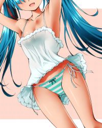 Rule 34 | 1girl, aqua hair, armpits, arms up, dr rex, hatsune miku, head out of frame, long hair, open mouth, panties, side-tie panties, striped clothes, striped panties, twintails, underwear, vocaloid