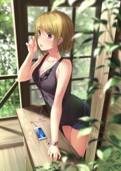 Rule 34 | 10s, 1girl, black shirt, blouse, blurry, breasts, brown hair, cellphone, cleavage, collarbone, cowboy shot, day, denim, denim shorts, depth of field, earphones, earrings, from above, from side, jewelry, koizumi hanayo, kopianget, leaf, legs together, looking at viewer, love live!, love live! school idol project, open mouth, phone, plant, purple eyes, shirt, short hair, shorts, sleeveless, smartphone, solo, standing, sunlight, tank top, window, wooden floor, wristband