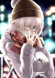 Rule 34 | 1girl, absurdres, alternate costume, blurry, blurry background, blush, borumete, breasts, commentary request, fate/grand order, fate (series), glasses, hair over one eye, highres, large breasts, long sleeves, looking at viewer, mash kyrielight, mash kyrielight (fgo x lawson), open mouth, pink hair, purple eyes, purple hair, red scarf, scarf, short hair, solo, winter clothes