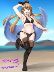 Rule 34 | 1girl, 2019, :d, armpits, artist name, bikini, black bikini, black footwear, black hat, blue shawl, boots, breasts, brown eyes, brown hair, cleavage, full body, fur hat, hair ornament, hairclip, hat, kantai collection, leg up, long hair, low twintails, medium breasts, navel, open mouth, papakha, shawl, smile, solo, swimsuit, tashkent (kancolle), tatsumi ray, thigh boots, thighhighs, twintails, twitter username
