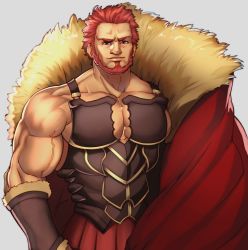 Rule 34 | 1boy, alex (cerealex), armor, bara, bare shoulders, beard, bracer, breastplate, cape, cleavage cutout, clothing cutout, cowboy shot, facial hair, fate/grand order, fate/zero, fate (series), fur-trimmed cape, fur trim, iskandar (fate), leather, male focus, manly, muscular, pectoral cleavage, pectorals, red cape, red eyes, red hair, short hair, solo, veins