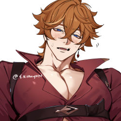 Rule 34 | 1boy, blush, bursting pectorals, chest belt, collared shirt, earrings, eriimyon, genshin impact, highres, jewelry, large pectorals, looking at viewer, male focus, muscular, muscular male, open mouth, orange hair, pectorals, red shirt, shirt, short hair, simple background, single earring, solo, tartaglia (genshin impact), twitter username, upper body, white background
