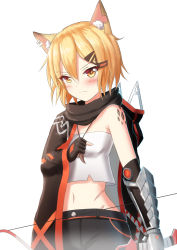 Rule 34 | 1girl, animal ear fluff, animal ears, arknights, bare shoulders, black cape, black gloves, black scarf, black shorts, blonde hair, blouse, blush, brown eyes, cape, closed mouth, commentary, commentary request, crop top, earrings, elbow gloves, english commentary, fingerless gloves, gloves, hair between eyes, hair ornament, hairclip, highres, jewelry, looking at viewer, material growth, mechanical arms, midriff, navel, notched ear, oripathy lesion (arknights), prophosphere, scarf, shirt, short hair, shorts, simple background, single mechanical arm, solo, strapless, tube top, vermeil (arknights), white background, white shirt
