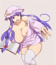 Rule 34 | 1girl, bare shoulders, book, bow, breasts, clothes pull, collarbone, crescent, female focus, hair bow, hair ornament, hat, hat bow, huge breasts, large areolae, large breasts, long hair, long sleeves, mob cap, nipples, nishiumi rin, no panties, off shoulder, open book, open mouth, outstretched arm, patchouli knowledge, plump, purple eyes, purple hair, shirt pull, simple background, solo, thighhighs, touhou, white thighhighs, wide sleeves, zettai ryouiki
