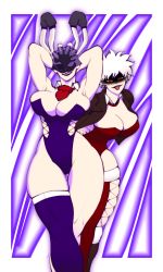 Rule 34 | 2girls, age difference, albino, all for one (boku no hero academia), alternate costume, ass, boku no hero academia, breasts, cleavage cutout, clothing cutout, female focus, genderswap, genderswap (mtf), hensket, highres, huge ass, jacket, large breasts, lighting bolt, looking at viewer, mask, multiple girls, multiple persona, no eyes, pale skin, rabbit girl, red eyes, scar, scar on face, shaded face, smug, solo, teasing, thick thighs, thighs, tongue, tongue out, white hair, aged down