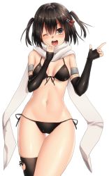 Rule 34 | &gt;;d, 10s, 1girl, ;d, bikini, blush, breasts, brown eyes, brown hair, brown thighhighs, cleavage, elbow gloves, front-tie bikini top, front-tie top, gloves, hair ornament, kantai collection, keita (tundereyuina), looking at viewer, navel, one eye closed, open mouth, scarf, sendai (kancolle), sendai kai ni (kancolle), shiny skin, side-tie bikini bottom, skindentation, small breasts, smile, solo, swimsuit, thigh gap, thighhighs, twintails, two side up, v-shaped eyebrows