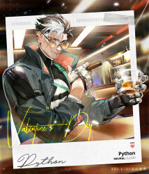 Rule 34 | 1boy, alcohol, artist request, bar (place), black hair, character name, cigar, copyright name, cup, fingerless gloves, girls&#039; frontline, girls&#039; frontline neural cloud, gloves, highres, holding, holding cup, indoors, jacket, looking at viewer, male focus, mechanical arms, multicolored hair, official art, polaroid, python (neural cloud), scar, scar on face, short hair, single mechanical arm, sitting, smile, solo, table, tinted eyewear, upper body, valentine, whiskey, white gloves, white hair, yellow-tinted eyewear