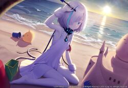 Rule 34 | &gt; &lt;, 1girl, arm up, armpits, aya (lezon), azur lane, beach, bird, blue hair, bob cut, bucket, chick, closed mouth, colored skin, commentary request, dress, flat chest, hair over one eye, highres, looking at viewer, manjuu (azur lane), multicolored hair, ocean, official art, outdoors, sand, sand castle, sand sculpture, short hair, sitting, sleeveless, sleeveless dress, starfish, streaked hair, sunset, tb (azur lane), wariza, water, waves, white dress, white hair, white skin