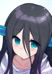 Rule 34 | 1boy, aqua eyes, black hair, blush, close-up, collarbone, eyelashes, hair between eyes, highres, horns, long hair, looking at viewer, male focus, missile (55missile), paimon (p&amp;d), puzzle &amp; dragons, smile, solo, trap, very long hair