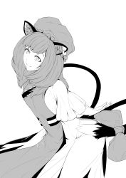 Rule 34 | 1girl, absurdres, animal ears, cat ears, cat tail, chen, chinese clothes, earrings, foul detective satori, frilled skirt, frills, greyscale, hat, highres, jewelry, long sleeves, looking at viewer, monochrome, multiple tails, nekomata, peaceful (llvg), mob cap, shirt, short hair, single earring, skirt, skirt set, smile, solo, tabard, tail, touhou, two tails, vest, white shirt