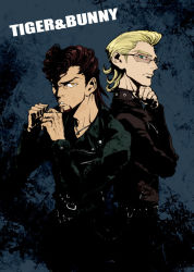 Rule 34 | 10s, 2boys, alternate hairstyle, bad id, bad pixiv id, barnaby brooks jr., blonde hair, brown eyes, brown hair, delinquent, facial hair, glasses, green eyes, high contrast, jacket, kaburagi t. kotetsu, leather, leather jacket, male focus, multiple boys, pompadour, short hair, stubble, tiger &amp; bunny, zakk