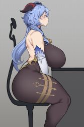 Rule 34 | 1girl, alternate breast size, ass, backless outfit, bare shoulders, bell, black bodysuit, blue hair, blush, bodice, bodysuit, breast rest, breasts, breasts on table, chair, chamchami, cowbell, curvy, detached sleeves, dildo reveal, facing to the side, female masturbation, ganyu (genshin impact), genshin impact, goat horns, half-closed eyes, highres, horns, huge breasts, long hair, masturbation, office chair, plump, purple eyes, raised eyebrows, sitting, solo, swivel chair, thick eyebrows, thick thighs, thighs