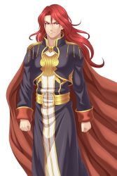 Rule 34 | 1boy, arvis (fire emblem), cape, european clothes, fire emblem, fire emblem: genealogy of the holy war, ibushi (oath), long hair, looking at viewer, male focus, nintendo, red eyes, red hair, shoulder pads, simple background, smile, solo, wavy hair, white background