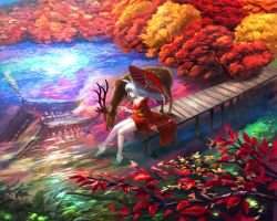 Rule 34 | 1girl, animal, animal ears, architecture, arm support, autumn leaves, barefoot, breasts, cleavage, deer, east asian architecture, fox ears, from above, full body, holding, holding umbrella, japanese clothes, kimono, leaf, long hair, long sleeves, looking down, maple leaf, medium breasts, obi, off shoulder, oil-paper umbrella, original, outdoors, partially submerged, pond, reflecting pool, reflection, reflective water, rejun, sash, scenery, silver hair, sitting, soaking feet, umbrella, wide shot, wide sleeves