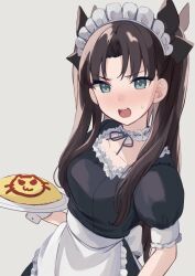 Rule 34 | 1girl, apron, black bow, black dress, black hair, blush, bow, collarbone, dress, fate/stay night, fate (series), food, frills, grey background, hair bow, highres, holding, holding plate, linearmotor, long hair, looking at viewer, maid, maid headdress, open mouth, parted bangs, plate, puffy sleeves, solo, sweatdrop, tohsaka rin, two side up, white bow, wrist cuffs