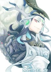 Rule 34 | 1boy, androgynous, blue hair, chinese clothes, chinese hat, cropped torso, eyeshadow, fate/grand order, fate (series), forehead jewel, hair ornament, hat, long hair, looking at viewer, makeup, male focus, modzu (3705018), multicolored hair, red eyes, red eyeshadow, shi huang di (fate), shi huang di (third ascension) (fate), simple background, smile, solo, streaked hair, two-tone hair, very long hair