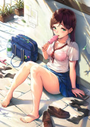 Rule 34 | 1girl, :p, against wall, arm at side, badge, bag, bare legs, barefoot, black socks, blue skirt, bottle, bra, bracelet, breasts, brown footwear, brown hair, cellphone, collarbone, collared shirt, day, dripping, feet, food, food on body, full body, gou (ga673899), green eyes, haoni, holding, holding food, jewelry, knees together feet apart, licking, liquid, loafers, long hair, medium breasts, melting, no panties, original, outdoors, panties, unworn panties, paper, phone, pink bra, pink panties, plant, pleated skirt, popsicle, potted plant, railing, red ribbon, ribbon, see-through, shirt, shoes, unworn shoes, short sleeves, skirt, smartphone, socks, solo, stone floor, sunlight, sweat, unworn thighhighs, toes, tongue, tongue out, underwear, water, water bottle, wet, wet clothes, wet shirt, white shirt, white theme, wing collar, wrapper, zanshomimai