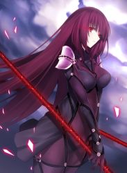 Rule 34 | 1girl, bodysuit, breasts, cloud, cloudy sky, dual wielding, fate/grand order, fate (series), female focus, highres, holding, large breasts, light trail, long hair, looking at viewer, minamina, polearm, purple bodysuit, purple eyes, red eyes, scathach (fate), scathach (fate), sky, solo, spear, very long hair, weapon