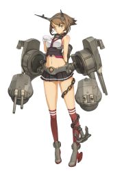Rule 34 | 10s, 1girl, anchor, arm behind back, bare shoulders, black skirt, blush, body blush, boots, breasts, brown hair, cannon, chain, collar, female focus, full body, gloves, green eyes, hair ornament, hairband, hand on own chest, headgear, kantai collection, legs, long image, looking at viewer, machinery, mecha musume, medium breasts, midriff, miniskirt, mutsu (kancolle), navel, official art, personification, pleated skirt, red thighhighs, shiny skin, shizuma yoshinori, short hair, shy, skirt, solo, standing, tall image, thighhighs, thighs, transparent background, turret, weapon, white gloves