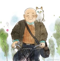 Rule 34 | 1boy, animal, animal on shoulder, bald, bicycle, cat, cat on shoulder, facing viewer, feet out of frame, green eyes, heterochromia, junsun, old, old man, orange sweater, original, painterly, riding, riding bicycle, simple background, smile, solo, sweater, traditional media, tree, weibo logo, weibo watermark, whiskers, white hair, wind, winter clothes, wrinkled skin, yellow eyes