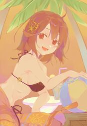 Rule 34 | 1girl, :d, ahoge, atelier (series), atelier sophie, ball, bare arms, bare shoulders, beachball, bendy straw, bikini, black bikini, breasts, brown hair, butterfly hair ornament, chinese commentary, cup, drink, drinking straw, food, fruit, gradient background, hair ornament, highres, ice, ice cube, lemon, lemon slice, medium breasts, medium hair, official alternate costume, open mouth, orange eyes, orange sarong, palm tree, sarong, sideboob, smile, solo, sophie neuenmuller, swimsuit, teeth, tree, virno