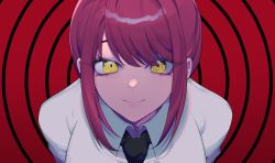 Rule 34 | 1girl, @ @, chainsaw man, close-up, highres, looking at viewer, makima (chainsaw man), merueki, necktie, purple hair, ringed eyes, smile, solo, spiral background, yellow eyes