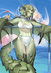 Rule 34 | 1girl, absurdres, against railing, bikini, blush, bra, breasts, clasp, claws, cleavage, cloud, cloudy sky, cocktail umbrella, colored skin, cropped legs, cup, day, dragon girl, dragon tail, dragon wings, green hair, green skin, highres, holding, holding cup, horns, juice, leaning back, medium breasts, miao jiangyou, monster girl, monster hunter (series), navel, ocean, orange eyes, orange juice, panties, parted lips, railing, rathian, scales, short hair, shoulder spikes, sky, solo, spiked hair, spikes, stomach, swimsuit, tail, thick thighs, thighs, underboob, underwear, white bikini, white bra, white panties, wings