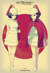 Rule 34 | 2girls, artist name, black hair, bob cut, boots, cape, closed mouth, dress, gloves, hat, highres, holding, japanese flag, looking at viewer, multiple girls, munakata (hisahige), original, plume, red cape, shoes, short hair, smile, standing, white dress, white footwear, white gloves