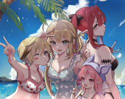 Rule 34 | 4girls, :3, ahoge, alternate costume, alternate hairstyle, animal ear headwear, animal print, armpits, artoria caster (fate), artoria pendragon (fate), baobhan sith (fate), bikini, black bikini, black bow, blonde hair, blue headwear, blue one-piece swimsuit, blue scrunchie, blue sky, blush, blush stickers, bow, braid, braided ponytail, breasts, brown hair, butterfly print, closed mouth, cloud, collarbone, commentary request, day, double v, fake animal ears, fate/grand order, fate (series), fingernails, food print, frilled one-piece swimsuit, frilled swimsuit, frills, gareth (fate), gareth (swimsuit saber) (second ascension) (fate), green eyes, grey eyes, habetrot (fate), hair between eyes, hair bow, hair intakes, hair ornament, hair scrunchie, hat, highres, long hair, looking at viewer, medium breasts, multicolored hair, multiple girls, nigiri, ocean, one-piece swimsuit, one eye closed, open mouth, outdoors, palm tree, pink eyes, pink hair, pointy ears, ponytail, print bikini, purple hair, scrunchie, short hair, size difference, sky, small breasts, smile, strawberry print, streaked hair, striped, swimsuit, tree, twintails, two-tone hair, v, very long hair, water, white bikini, white bow