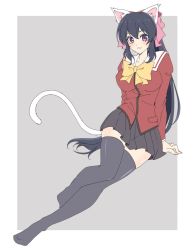 Rule 34 | 1girl, :3, animal ears, arm support, black hair, black skirt, black thighhighs, bow, breasts, cat ears, cat girl, cat tail, commentary request, hair bow, highres, large breasts, long hair, looking at viewer, no shoes, noihara himari, omamori himari, pink bow, pleated skirt, ponytail, purple eyes, rururu 0422, school uniform, sitting, skirt, solo, tail, thighhighs, very long hair, zettai ryouiki