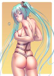 Rule 34 | 1girl, aqua eyes, aqua hair, ass, colored eyelashes, covering privates, covering breasts, cowboy shot, fingernails, from behind, hatsune miku, highres, long hair, looking back, nail polish, skindentation, solo, tattoo, topless, twintails, very long hair, vocaloid, wavy mouth, wokada