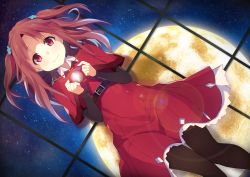 Rule 34 | 10s, 1girl, black pantyhose, brown hair, dress, dutch angle, galilei donna, hair ornament, highres, hozuki ferrari, itsui (dihydrogenmonoxid), lens flare, long hair, looking at viewer, lying, minase yuu, on back, pantyhose, red dress, red eyes, smile, solo, two side up