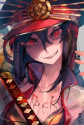 Rule 34 | black hair, fate/grand order, fate (series), hat, long hair, looking at viewer, matk0210, military, military hat, military uniform, oda nobunaga (fate), oda nobunaga (koha-ace), oda nobunaga (swimsuit berserker) (second ascension) (fate), red eyes, solo, uniform