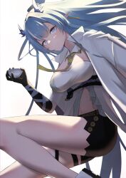 Rule 34 | 1girl, absurdres, arknights, bare legs, black gloves, black shorts, blue eyes, blue hair, breasts, cleavage, closed mouth, coat, coin, cup, detached collar, dragon horns, earrings, elbow gloves, gloves, highres, holding, holding cup, holed coin, horns, jewelry, large breasts, legs, ling (arknights), long hair, looking at viewer, multicolored hair, navel, necktie, open clothes, open coat, pointy ears, shirt, short shorts, shorts, simple background, smile, solo, split mouth, streaked hair, thigh strap, two-tone hair, very long hair, white background, white coat, white hair, white shirt, worimehl, yellow necktie
