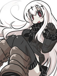 Rule 34 | 1girl, abyssal ship, aircraft carrier water oni, black thighhighs, blush stickers, boots, breasts, commentary request, dress, frilled sleeves, frills, goma (gomasamune), hair between eyes, hair ornament, highres, kantai collection, knees together feet apart, long hair, long sleeves, looking at viewer, neckerchief, open mouth, red eyes, solo, sweater, sweater dress, thighhighs, white hair