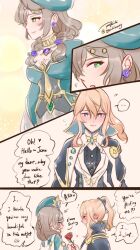 Rule 34 | 2girls, 3koma, blonde hair, blue capelet, blue eyes, blush, breasts, brown hair, capelet, cleavage, comic, earrings, english text, flower, flower earrings, genshin impact, gold choker, green eyes, green headwear, hair between eyes, hat, high ponytail, highres, jean (genshin impact), jewelry, large breasts, lisa (a sobriquet under shade) (genshin impact), lisa (genshin impact), long hair, looking at another, multiple girls, necklace, ponytail, rose, ryuichi kung, sidelocks, smile, yuri