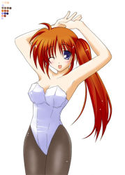 Rule 34 | 00s, 1girl, animal ears, arms up, black pantyhose, blue eyes, breasts, brown hair, cleavage, fake animal ears, leotard, long hair, looking at viewer, lyrical nanoha, mahou shoujo lyrical nanoha, mahou shoujo lyrical nanoha strikers, medium breasts, one eye closed, open mouth, pantyhose, playboy bunny, ponytail, purple eyes, rabbit ears, race queen, red hair, side ponytail, simple background, smile, solo, strapless, takamachi nanoha, white background