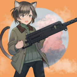 Rule 34 | 1girl, :d, animal ears, barrel shroud, bike shorts, black eyes, black hair, black pants, blush, border, brave witches, browning m1919, browning m2, buttons, cat ears, cat girl, cat tail, collared jacket, commentary, cowboy shot, dark-skinned female, dark skin, emblem, fang, fur-trimmed jacket, fur trim, green jacket, green sweater, grey eyes, gun, hair between eyes, hato ni olive teppou, heavy machine gun, highres, holding, holding gun, holding weapon, jacket, kullamas blengkam, legs apart, long sleeves, looking at viewer, machine gun, military jacket, open clothes, open jacket, open mouth, orange background, pants, pocket, round border, short hair, shorts, skin fang, smile, solo, strong, sweater, tail, turtleneck, turtleneck sweater, unbuttoned, weapon, world witches series