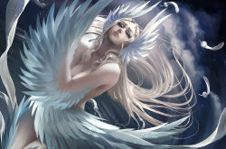 Rule 34 | 1girl, angel wings, aqua eyes, artist name, bare legs, bare shoulders, breasts, cloud, colored eyelashes, dutch angle, eyelashes, fantasy, feathers, floating hair, hair ornament, lipstick, long hair, makeup, mole, night, night sky, odette, parted lips, pink lips, sakimichan, shiny skin, silver hair, sky, solo, swan lake, text focus, twintails, wings