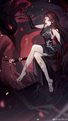 Rule 34 | 1girl, absurdres, alternate color, artist request, bird, black dress, branch, brown hair, closed mouth, dress, elbow gloves, facial mark, flower, forehead mark, full body, gloves, hand up, highres, huo linger (wanmei shijie), long hair, red eyes, second-party source, sitting, solo, thighs, wanmei shijie, wings