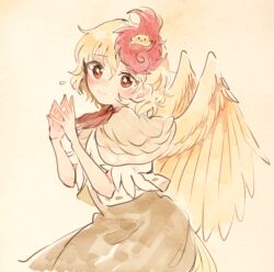 Rule 34 | 1girl, animal, animal on head, bird, bird on head, bird wings, blonde hair, blouse, blush, brown capelet, brown dress, capelet, chick, closed mouth, cowboy shot, dot nose, dress, feathered wings, flustered, flying sweatdrops, furrowed brow, hair behind ear, hair between eyes, hands up, itomugi-kun, looking at viewer, looking to the side, neckerchief, niwatari kutaka, on head, own hands together, puffy short sleeves, puffy sleeves, red eyes, red neckerchief, sepia background, shirt, short hair, short sleeves, shy, simple background, solo, standing, steepled fingers, touhou, w arms, wavy hair, wings, yellow wings